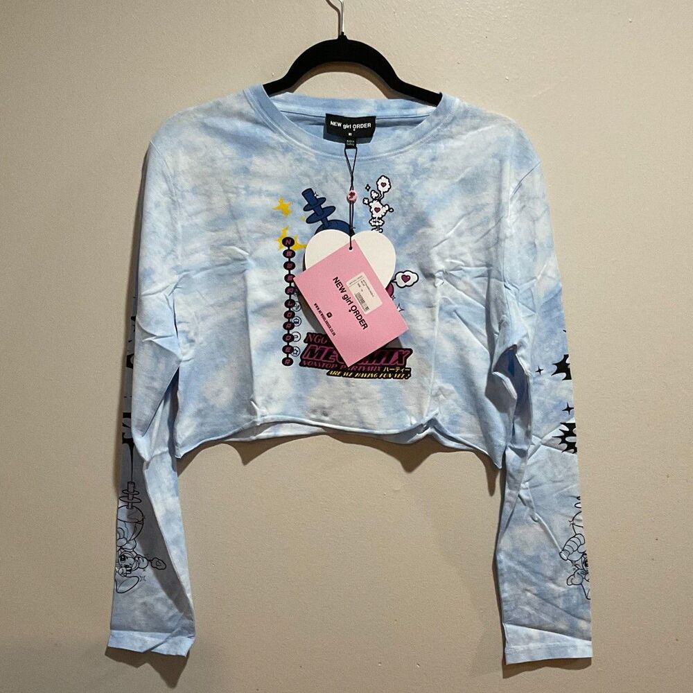 New Girl Order Megamix Long Sleeve Blue Tie Dye Crop Top NWTs, UK 18/XXL